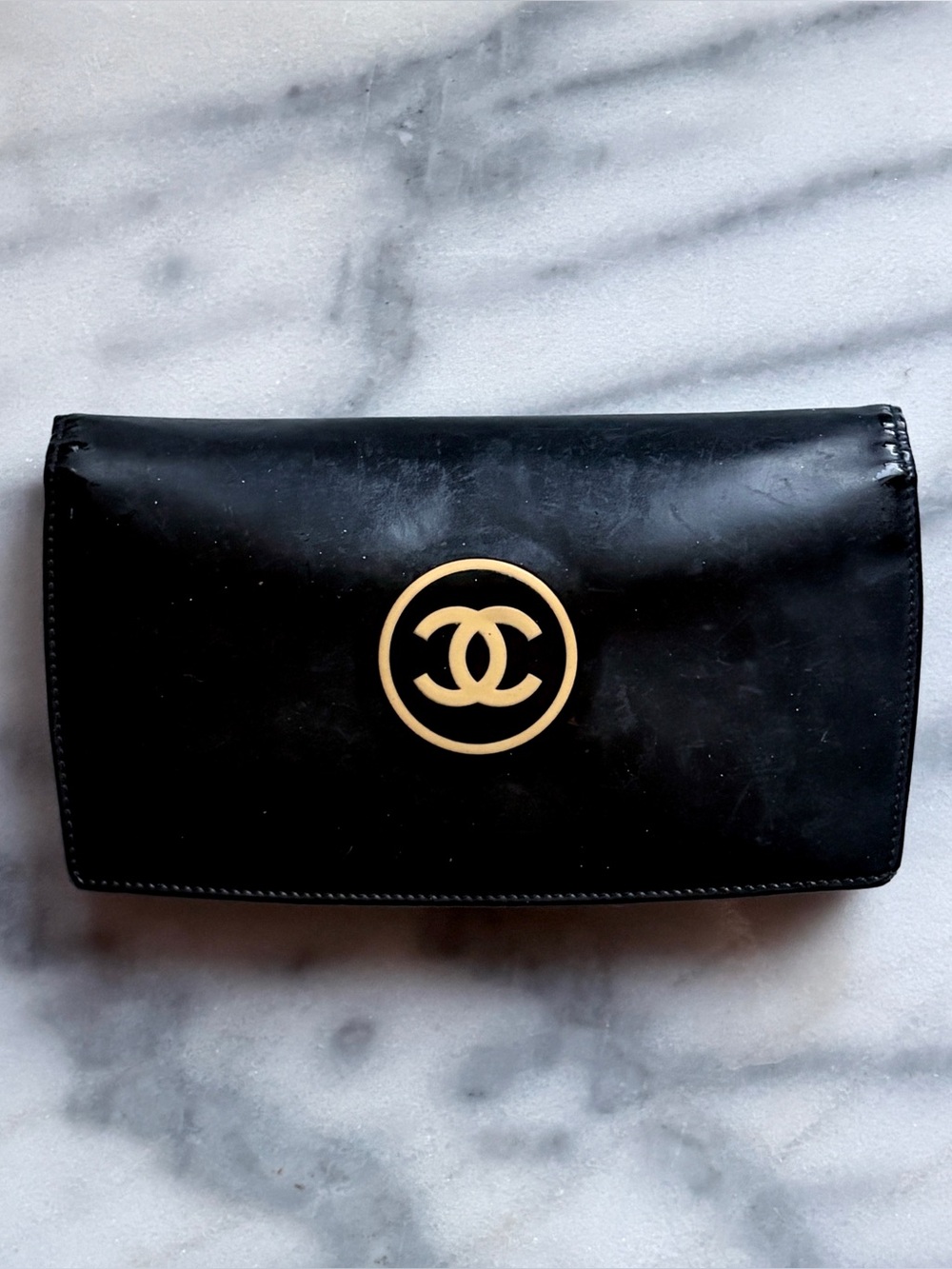 CHANEL Black Patent Leather Wallet with Gold Chain WOC
